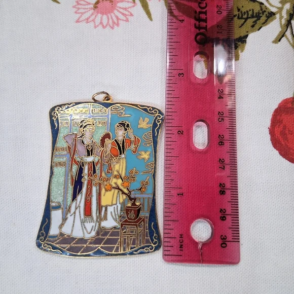 Vintage Cloisonne Pendant For Necklace Asian Scene Enamel - Picture 7 of 9